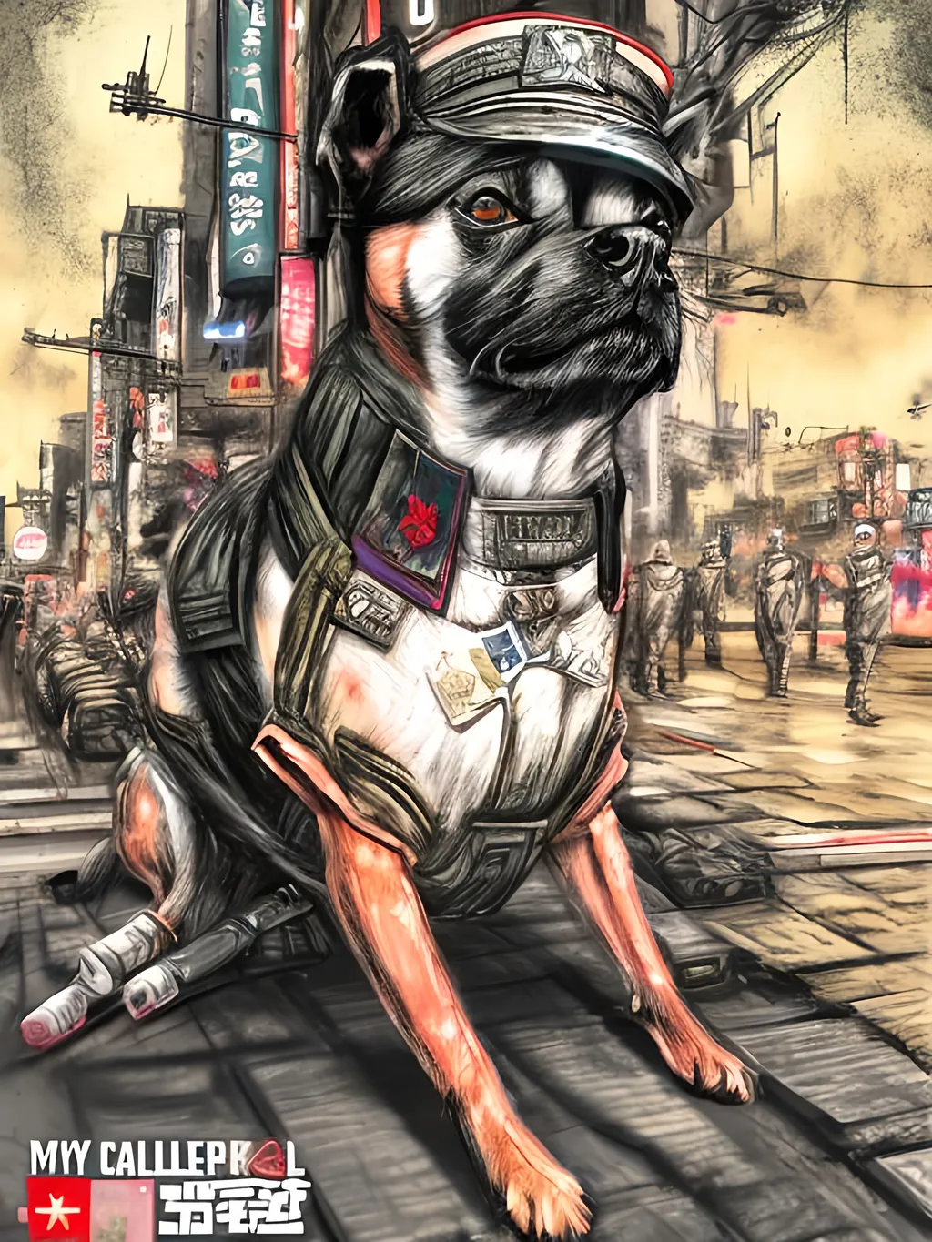 Prompt: pop art chalk pastel art of detailed dog wearing military uniforms<mymodel> playing in the streets in cyberpunk japan during a festival, sketch, detailed background, highres, fun atmosphere, natural lighting,  abstract, fun