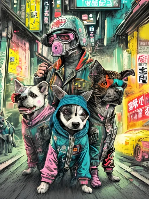 Prompt: pop art chalk pastel art of detailed dogs wearing gangster clothes playing in the streets in cyberpunk japan during a festival, sketch, detailed background, highres, fun atmosphere, natural lighting,  abstract, fun