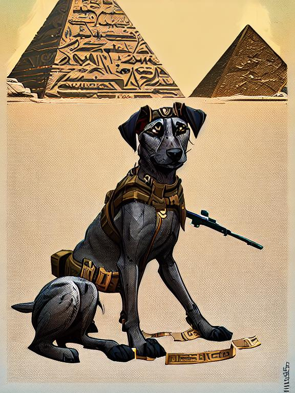 Prompt: black mountain cur dog in military gear in egypt 90s poster