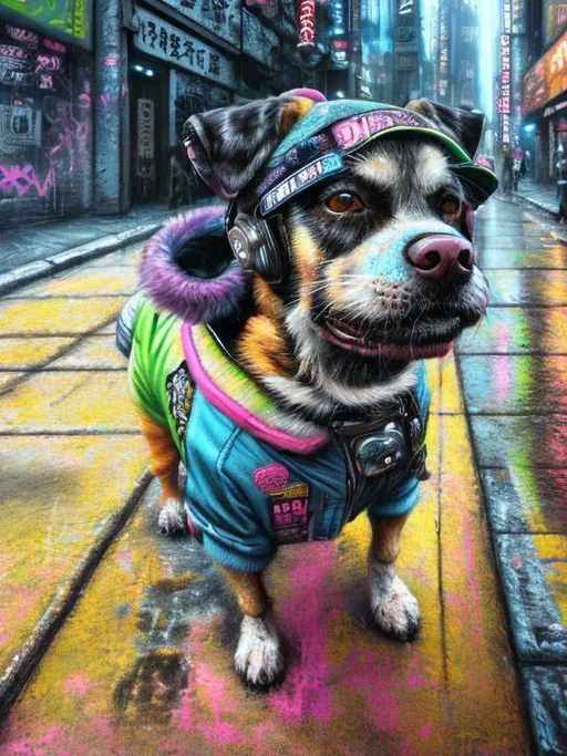 Prompt: Detailed chalk pastel of a dog wearing clothes, punk, highres, natural lighting, dog, cyberpunk japanese city streets, detailed background, happy, fun, detailed fur, chalk pastel, urban setting, futuristic, Japanese, light-hearted, atmospheric lighting, detailed eyes, street art, cyberpunk japan, professional