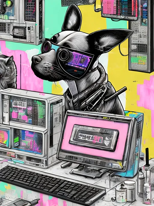 Prompt: pop art chalk pastel art of detailed dog hacking computers in cyberpunk japan, sketch, detailed background, highres, fun atmosphere, natural lighting,  abstract, fun