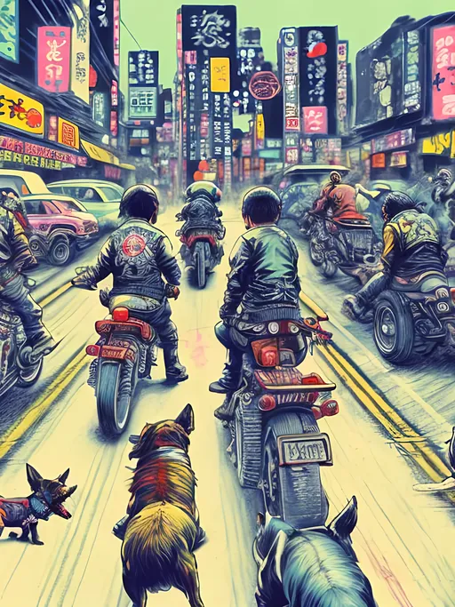 Prompt: pop art chalk pastel art of detailed dogs wearing biker gang clothes playing in the streets in cyberpunk japan during a festival, sketch, detailed background, highres, fun atmosphere, natural lighting,  abstract, fun