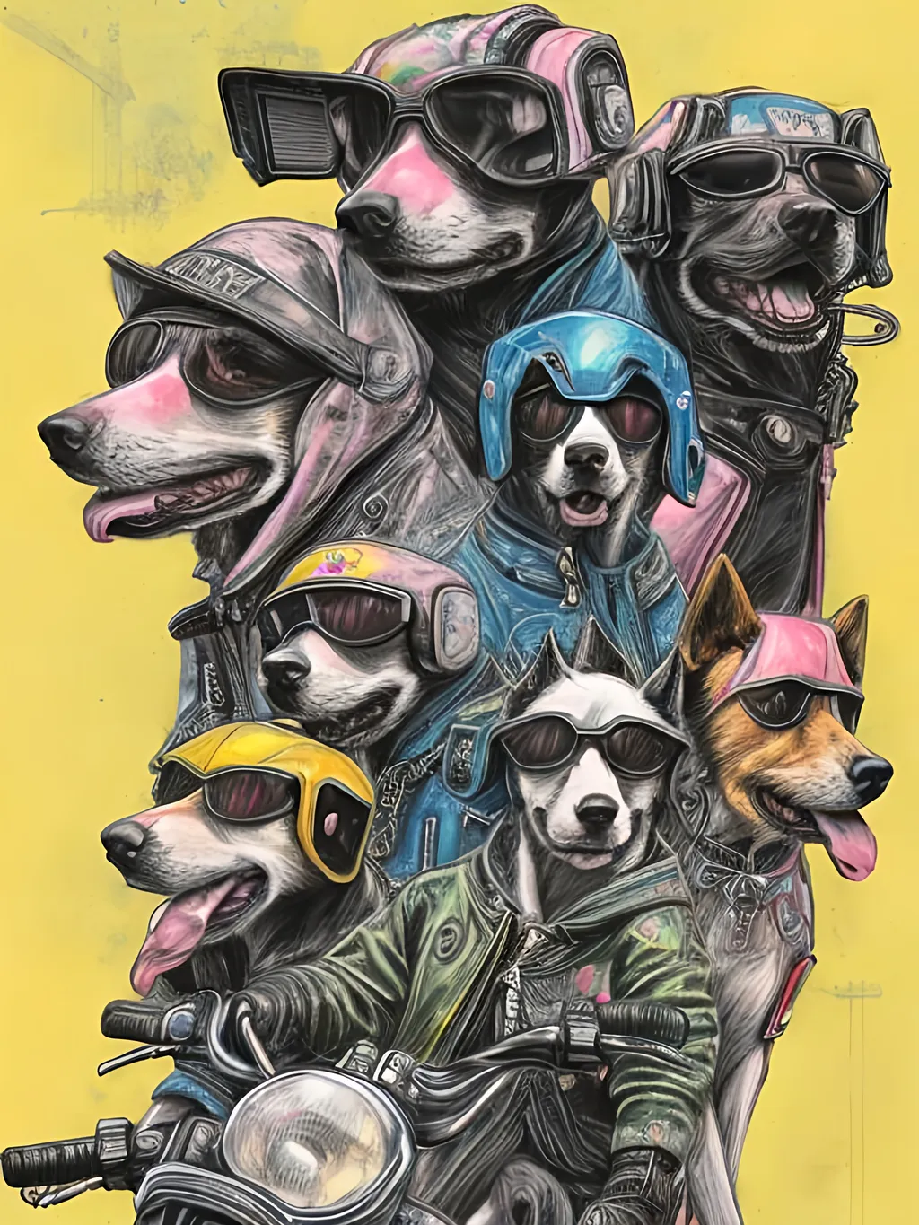 Prompt: pop art chalk pastel art of detailed dogs wearing biker gang clothes playing in the streets in cyberpunk japan during a festival, sketch, detailed background, highres, fun atmosphere, natural lighting,  abstract, fun