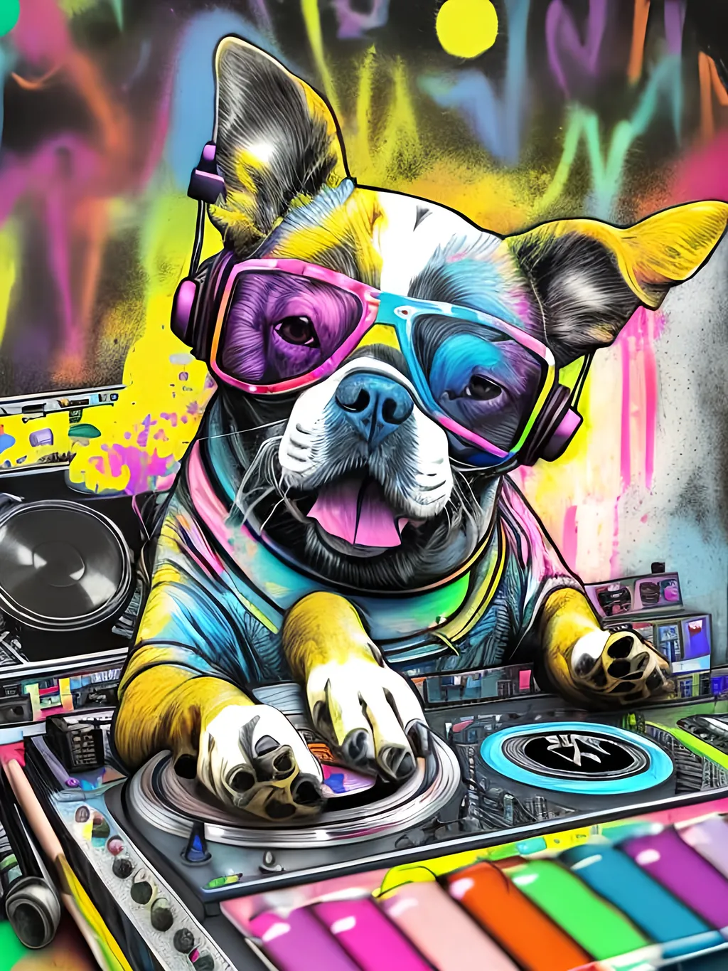 Prompt: pop art chalk pastel art of detailed dog DJing in Japan, sketch, detailed background, highres, fun atmosphere, natural lighting,  abstract, fun