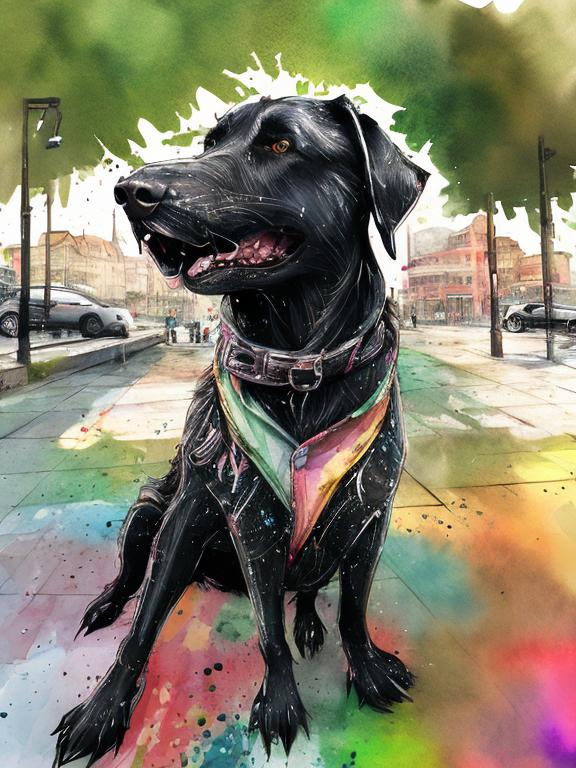 Prompt: a black dog wearing clothes having fun in the streets, water color, sketch, detailed background, highres, fun atmosphere, natural lighting, pastel colors