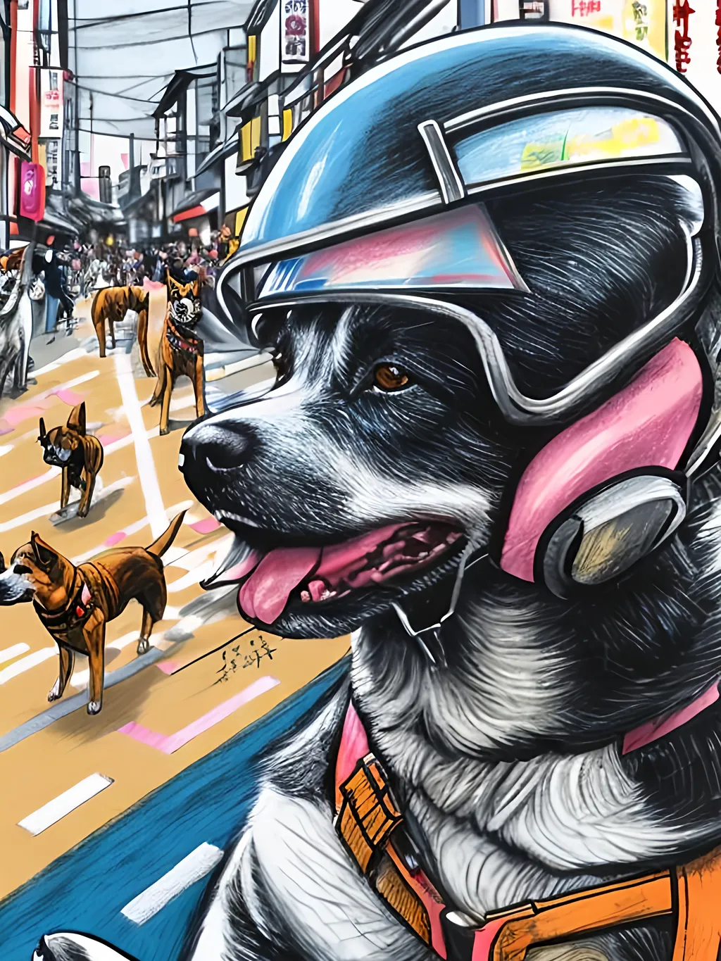 Prompt: pop art chalk pastel art of detailed dogs wearing pilot uniforms playing in the streets in japan during a festival, sketch, detailed background, highres, fun atmosphere, natural lighting,  abstract, fun