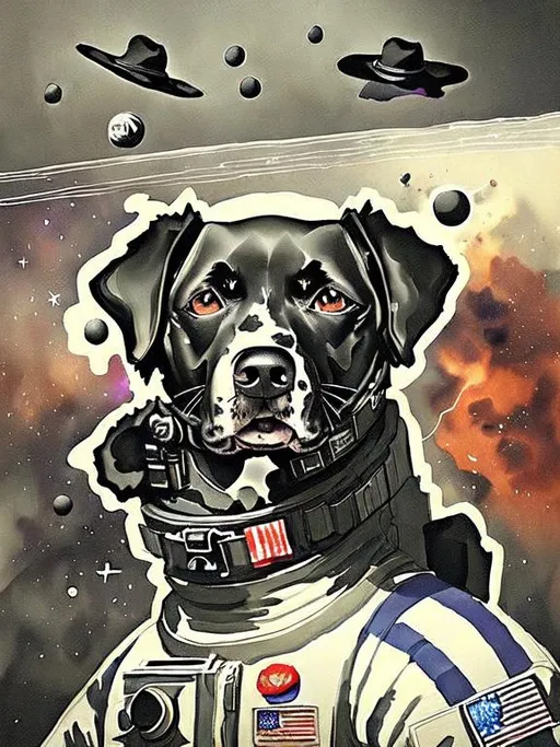 Prompt: Surrealism black dogs in soldier outfits in space, abstract art style, cowboy hat, fun atmosphere, floating celestial bodies, mysterious nebulae, dreamlike, surreal, high contrast, otherworldly, abstract, space, astronaut, fun atmosphere, celestial bodies, dreamlike, surreal, high contrast, mysterious, nebulae, dogs, usa, patriotic, trump