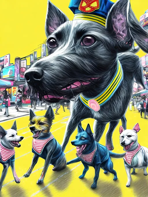 Prompt: pop art chalk pastel art of detailed dogs wearing sailor uniforms playing in the streets in cyberpunk japan during a festival, sketch, detailed background, highres, fun atmosphere, natural lighting,  abstract, fun