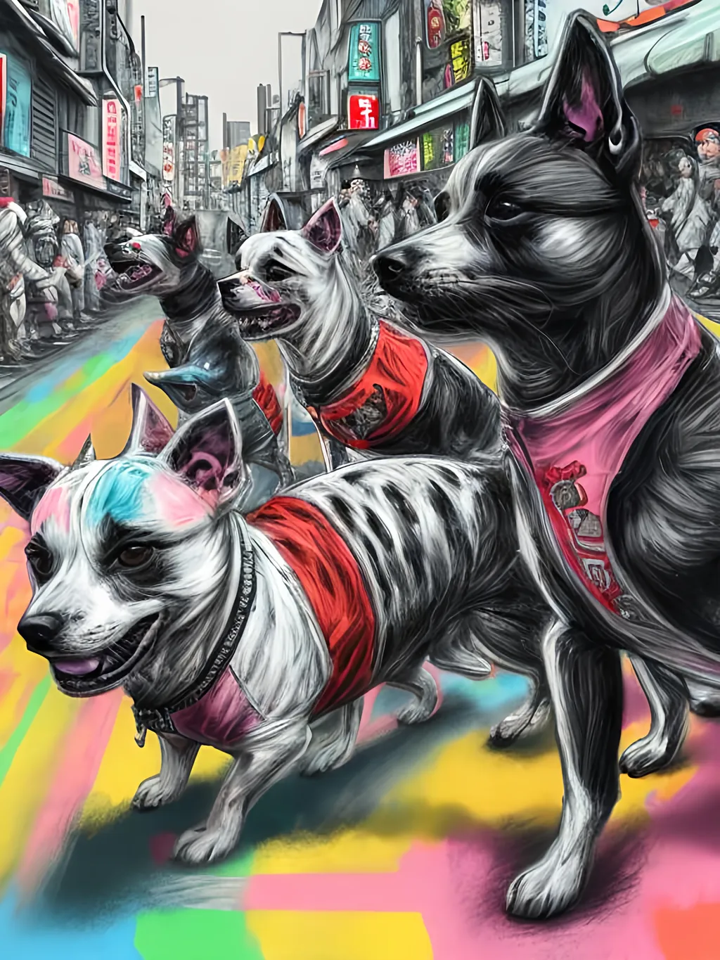 Prompt: pop art chalk pastel art of detailed dogs wearing gangster clothes playing in the streets in japan during a festival, sketch, detailed background, highres, fun atmosphere, natural lighting,  abstract, fun