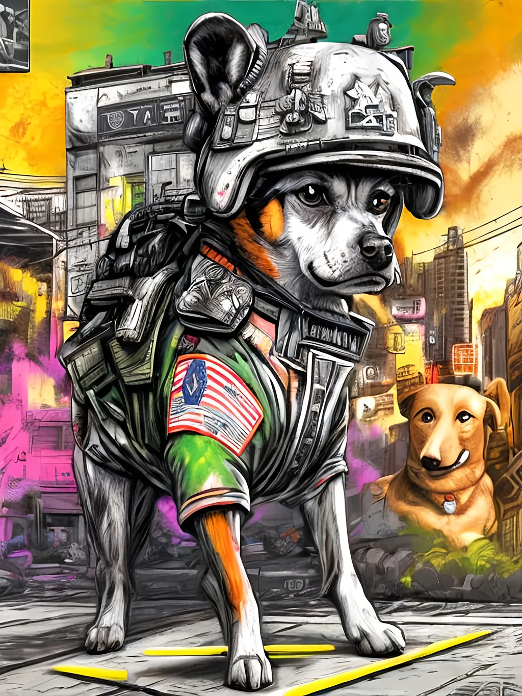 Prompt: pop art chalk pastel art of detailed dog wearing military uniforms<mymodel> playing in the streets in cyberpunk japan during a festival, sketch, detailed background, highres, fun atmosphere, natural lighting,  abstract, fun