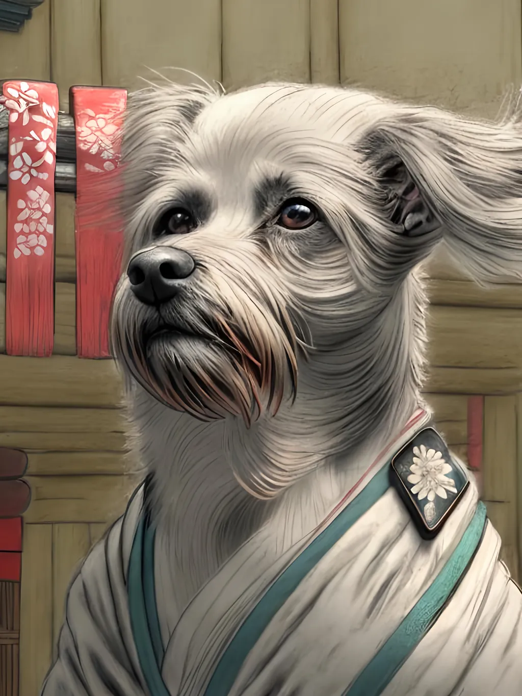 Prompt: chalk pastel style of a  detailed dog in a kimono at a shrine, sketch, detailed background, highres, fun atmosphere, natural lighting,  abstract, fun