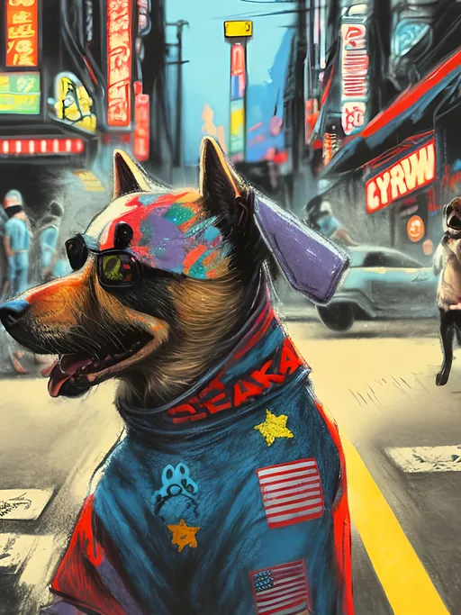 Prompt: pop art chalk pastel art of detailed dog wearing USA clothes playing in the streets in cyberpunk japan during a festival, sketch, detailed background, highres, fun atmosphere, natural lighting,  abstract, fun