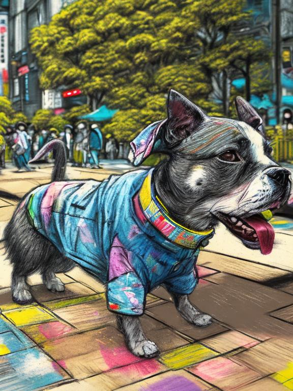 Prompt: pop art chalk pastel art of detailed dogs wearing clothes playing in the streets in japan during a festival, sketch, detailed background, highres, fun atmosphere, natural lighting,  abstract, fun