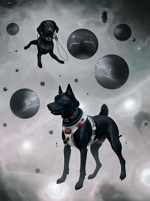 Prompt: Surrealism black dogs in astronaut outfits in space, abstract art style, eerie atmosphere, floating celestial bodies, mysterious nebulae, monochromatic palette, dreamlike, surreal, high contrast, otherworldly, abstract, space, astronaut, eerie atmosphere, celestial bodies, dreamlike, surreal, high contrast, mysterious, nebulae, dogs