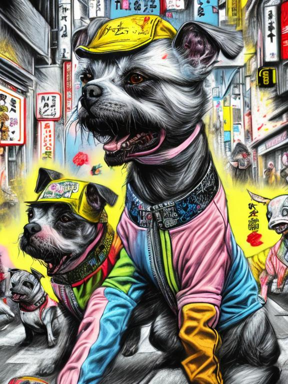 Prompt: pop art chalk pastel art of detailed dogs wearing gangster clothes playing in the streets in japan during a festival, sketch, detailed background, highres, fun atmosphere, natural lighting,  abstract, fun