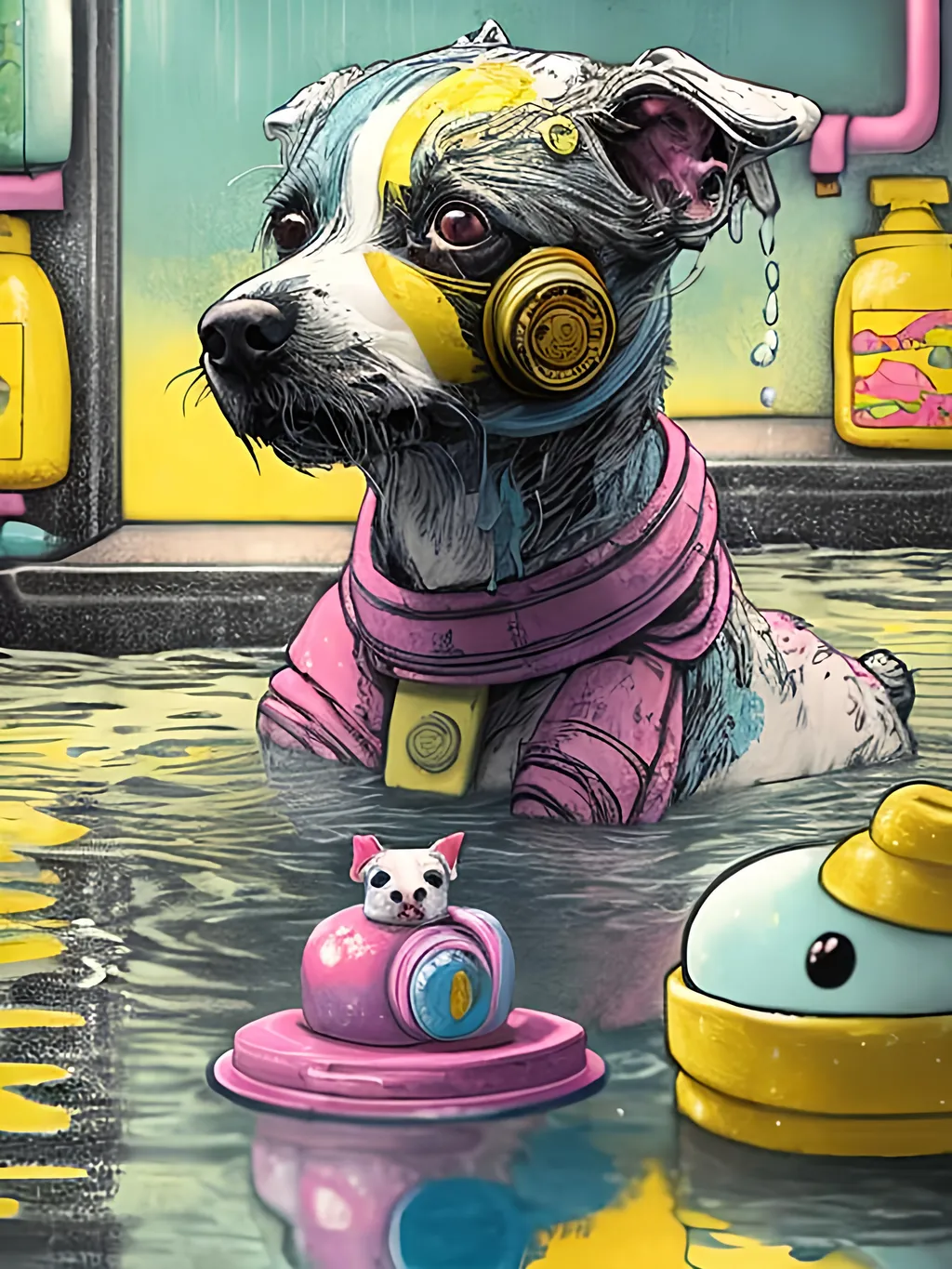 Prompt: pop art chalk pastel art of detailed dog taking a bath with a rubber ducky in cyberpunk japan, sketch, detailed background, highres, fun atmosphere, natural lighting,  abstract, fun