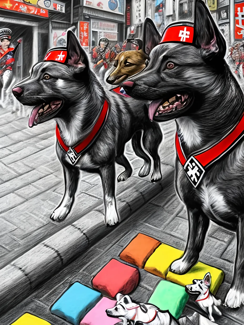 Prompt: pop art chalk pastel art of detailed dogs wearing nazi uniforms playing in the streets in japan during a festival, sketch, detailed background, highres, fun atmosphere, natural lighting,  abstract, fun