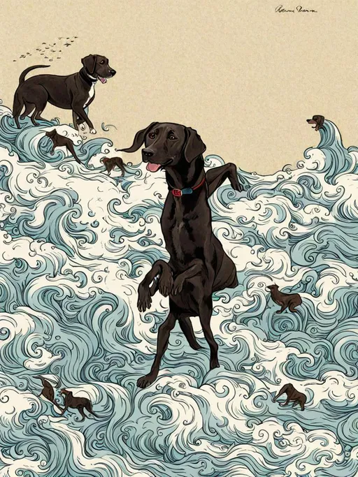 Prompt: black mountain cur dogs in hiroshige wave