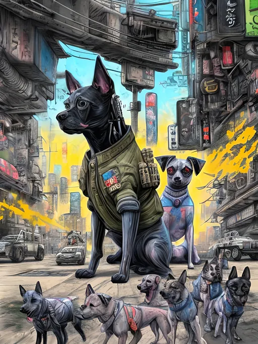 Prompt: pop art chalk pastel art of a detailed dogs wearing military uniforms on the streets in cyberpunk japan during a festival with planes in the background, sketch, detailed background, highres, fun atmosphere, natural lighting,  abstract, fun