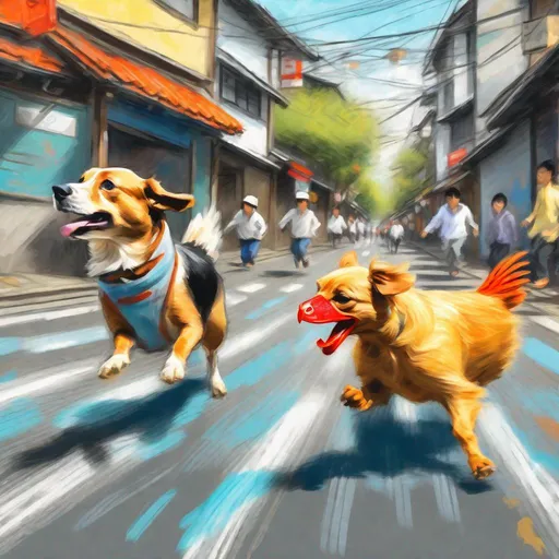 Prompt: chalk pastel digital art of dogs wearing clothes chasing a chicken in the streets in japan, sketch, detailed background, highres, fun atmosphere, natural lighting, pastel colors, abstract, fun