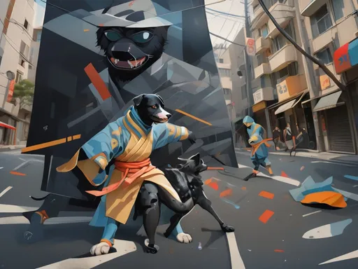 Prompt: black dog wearing ninja clothes having fun in the streets with a battle in the background, dogs, abstract art, Screen print, digital art, 8k resolution trending on Artstation, golden ratio, akira, rule of thirds, geometric bauhaus, Studio Ghibli, Anime Key Visual, by Makoto Shinkai, Deep Color, Intricate, 8k resolution concept art, Natural Lighting, Beautiful Composition