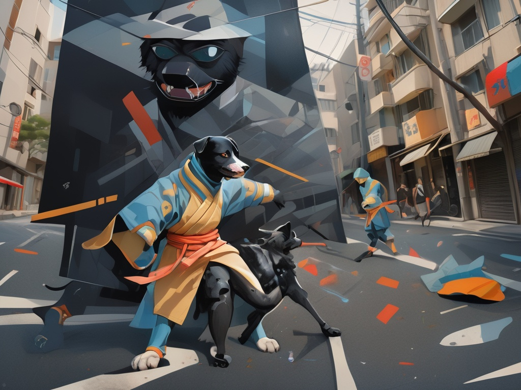 Prompt: black dog wearing ninja clothes having fun in the streets with a battle in the background, dogs, abstract art, Screen print, digital art, 8k resolution trending on Artstation, golden ratio, akira, rule of thirds, geometric bauhaus, Studio Ghibli, Anime Key Visual, by Makoto Shinkai, Deep Color, Intricate, 8k resolution concept art, Natural Lighting, Beautiful Composition