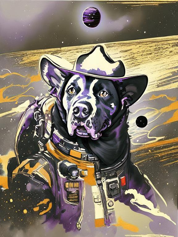 Prompt: Surrealism black dogs in cowboy outfits in space, abstract art style, cowboy hat, fun atmosphere, floating celestial bodies, mysterious nebulae, dreamlike, surreal, high contrast, otherworldly, abstract, space, astronaut, fun atmosphere, celestial bodies, dreamlike, surreal, high contrast, mysterious, nebulae, dogs, Pro trump clothing