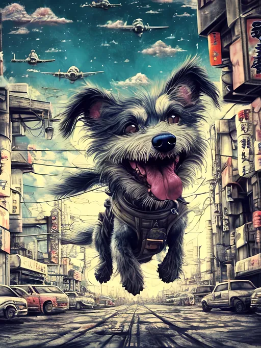 Prompt: Detailed happy dog flying in post-apocalyptic japan during a festival, sketch, chalk pastel, detailed planes in the background, grunge, highres, abstract, natural lighting, lively atmosphere, fun, detailed dogs, vibrant, happy-go-lucky