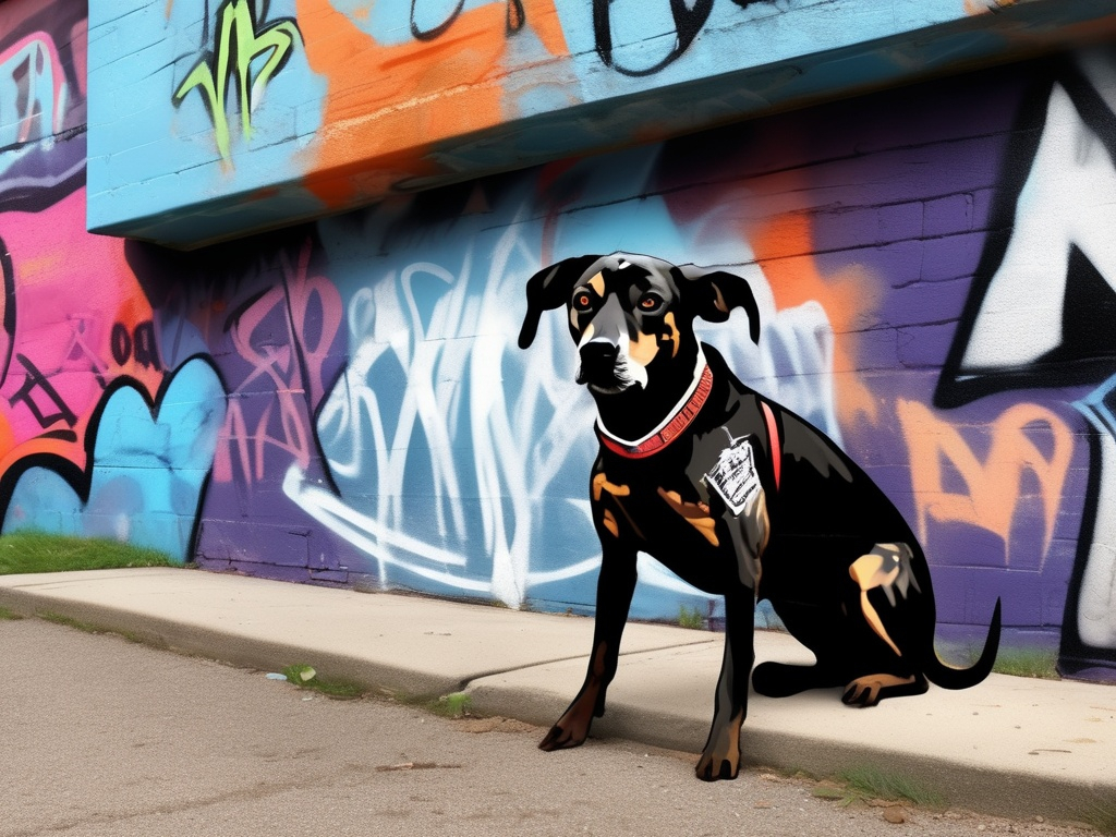 Prompt: Mountain cur black dog in redneck clothing graffiti art style