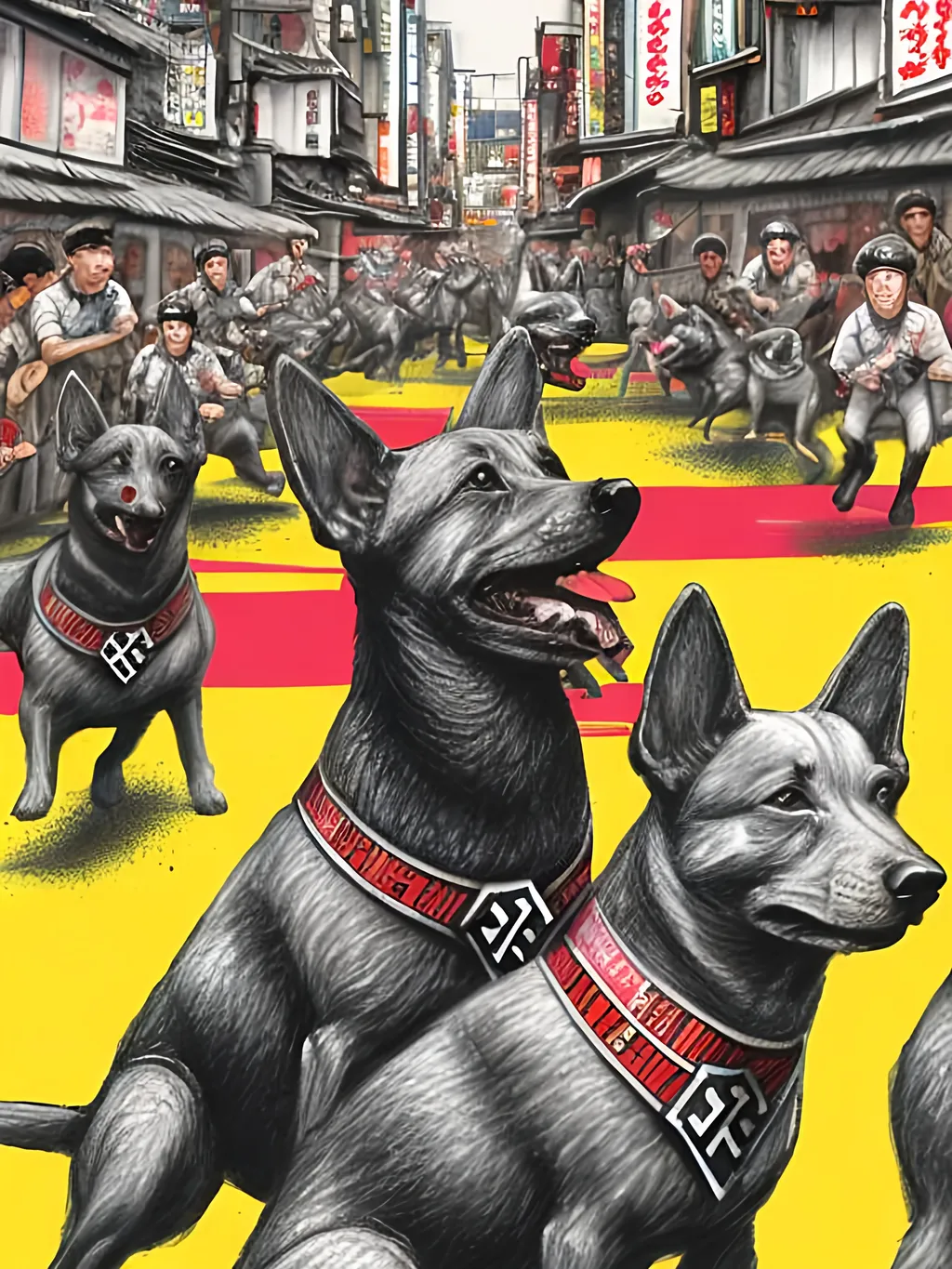 Prompt: pop art chalk pastel art of detailed dogs wearing nazi uniforms playing in the streets in japan during a festival, sketch, detailed background, highres, fun atmosphere, natural lighting,  abstract, fun