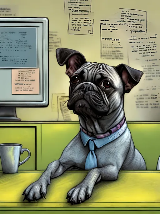 Prompt: chalk pastel style of a  detailed dog typing at a desk in an office, sketch, detailed background, highres, fun atmosphere, natural lighting,  abstract, fun