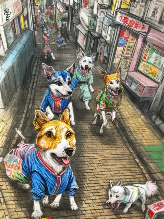 Prompt: pop art chalk pastel art of detailed dogs wearing clothes playing in the streets in japan during a festival, sketch, detailed background, highres, fun atmosphere, natural lighting,  abstract, fun