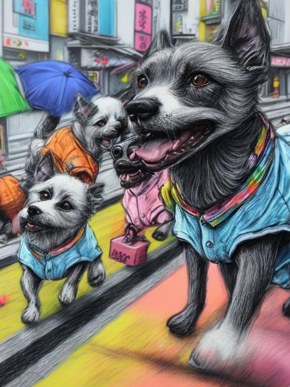 Prompt: pop art chalk pastel art of detailed dogs wearing clothes playing in the streets in japan during a festival, sketch, detailed background, highres, fun atmosphere, natural lighting,  abstract, fun