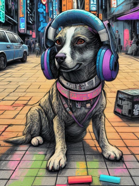 Prompt: pop art chalk pastel art of a detailed dog listening to music on the streets in cyberpunk japan during a festival, sketch, detailed background, highres, fun atmosphere, natural lighting,  abstract, fun