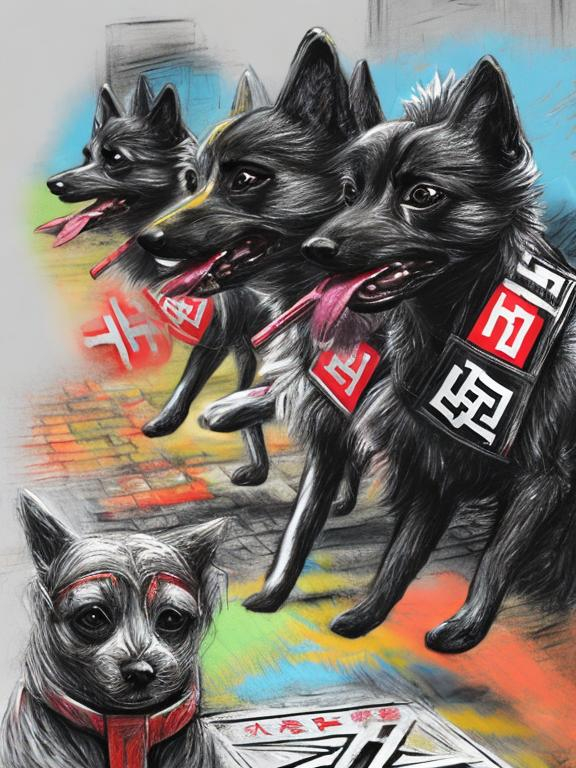 Prompt: pop art chalk pastel art of detailed dogs wearing nazi uniforms playing in the streets in japan during a festival, sketch, detailed background, highres, fun atmosphere, natural lighting,  abstract, fun