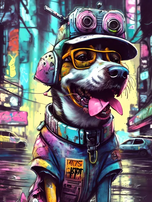 Prompt: Detailed happy dog wearing clothes dumpster diving during a festival, sketch, chalk pastel, detailed cyberpunk city background, grunge, highres, abstract, natural lighting, lively atmosphere, fun, detailed dogs, colorful, vibrant, happy-go-lucky