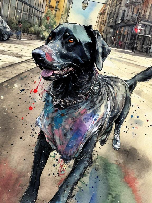 Prompt: a black dog wearing clothes having fun in the streets, water color, sketch, detailed background, highres, fun atmosphere, natural lighting