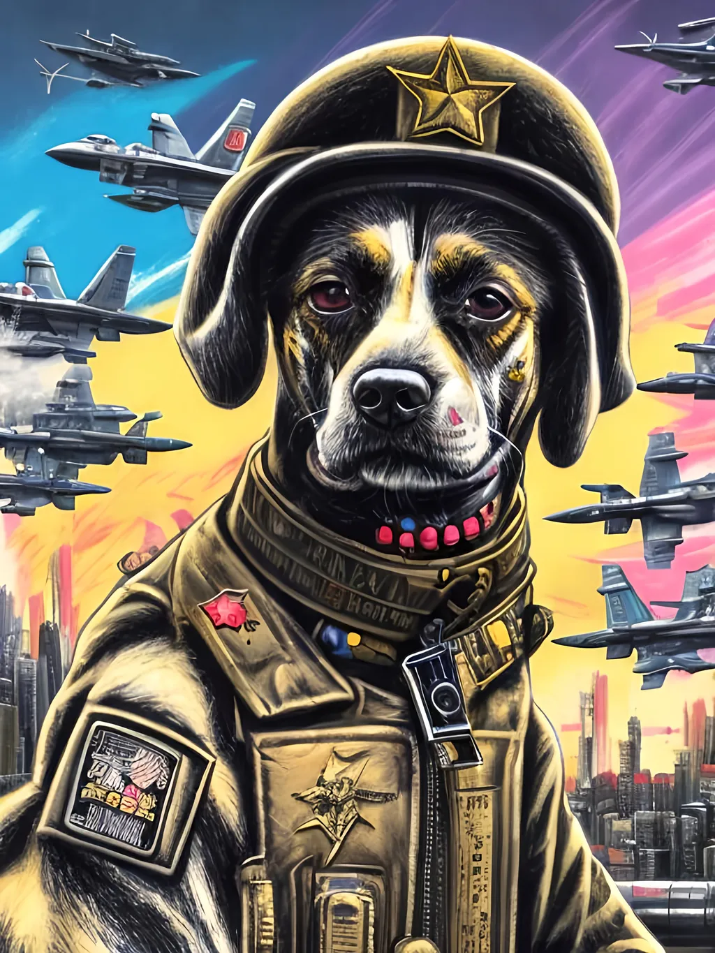 Prompt: pop art chalk pastel art of a detailed dog wearing a military uniform on the streets in cyberpunk japan during a festival with planes in the background, sketch, detailed background, highres, fun atmosphere, natural lighting,  abstract, fun