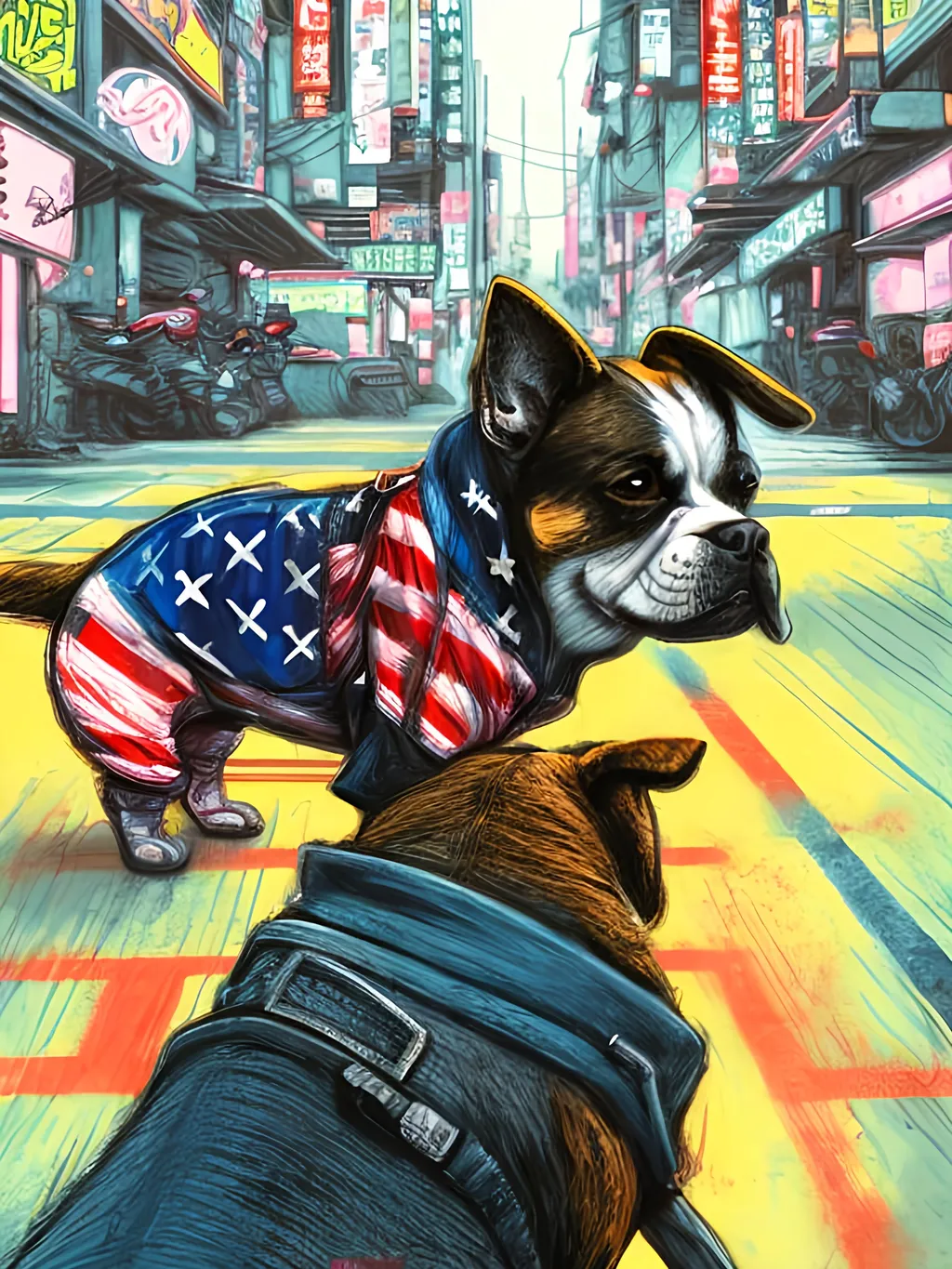 Prompt: pop art chalk pastel art of detailed dog wearing USA clothes playing in the streets in cyberpunk japan during a festival, sketch, detailed background, highres, fun atmosphere, natural lighting,  abstract, fun