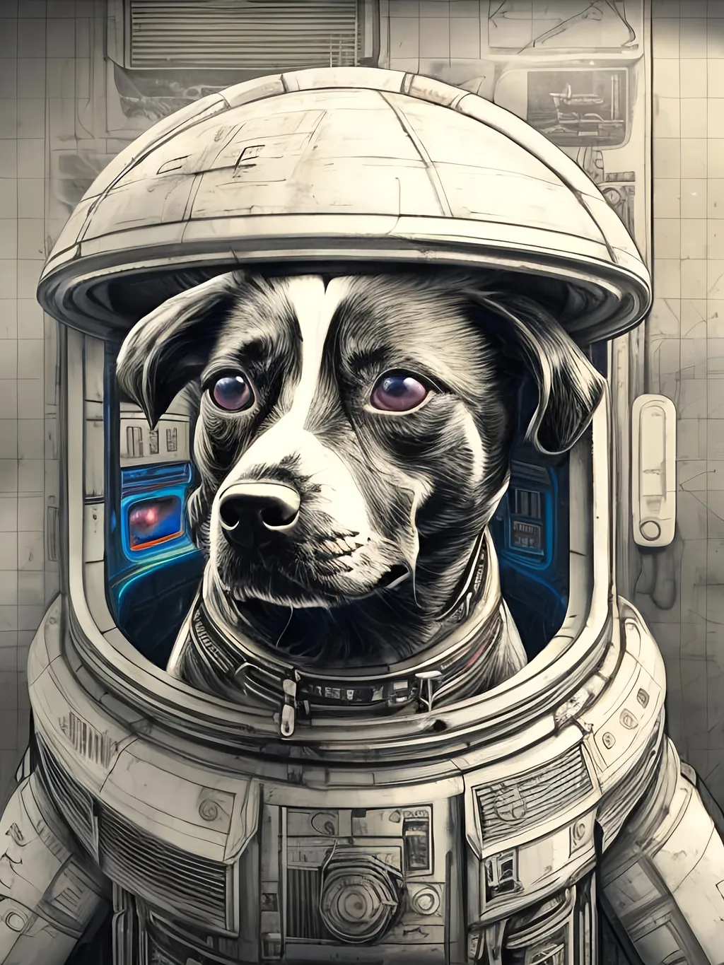 Prompt: pop art chalk pastel style of a  detailed dog in a cyberpunk spaceship, sketch, detailed background, highres, fun atmosphere, natural lighting,  abstract, fun