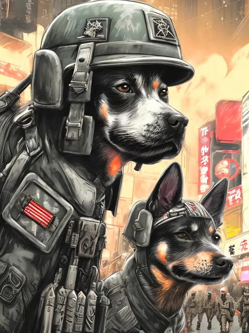 Prompt: pop art chalk pastel art of detailed dog wearing military uniforms<mymodel> playing in the streets in cyberpunk japan during a festival, sketch, detailed background, highres, fun atmosphere, natural lighting,  abstract, fun