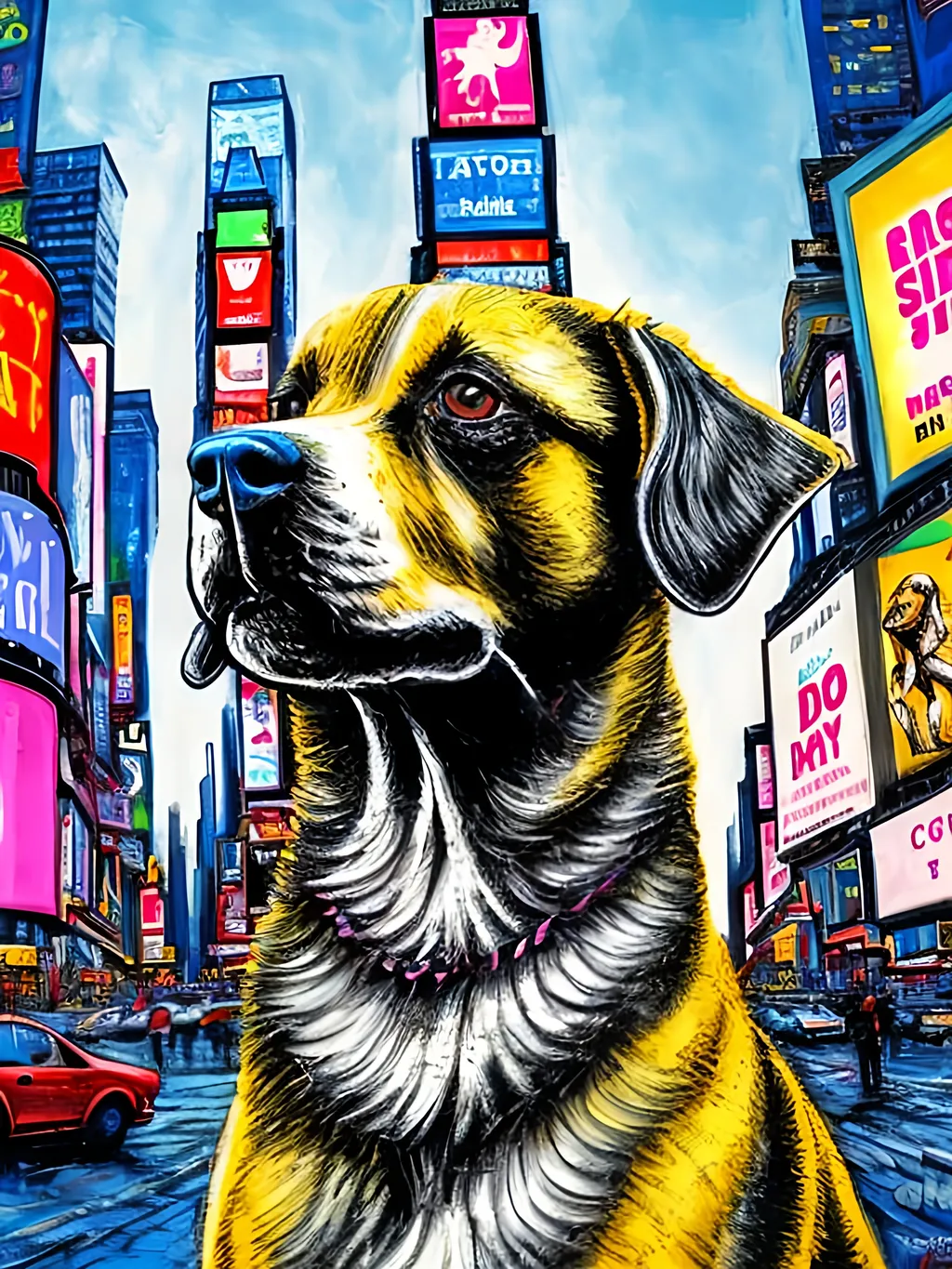 Prompt: pop art chalk pastel style of a  detailed dog in times square, sketch, detailed background, highres, fun atmosphere, natural lighting,  abstract, fun