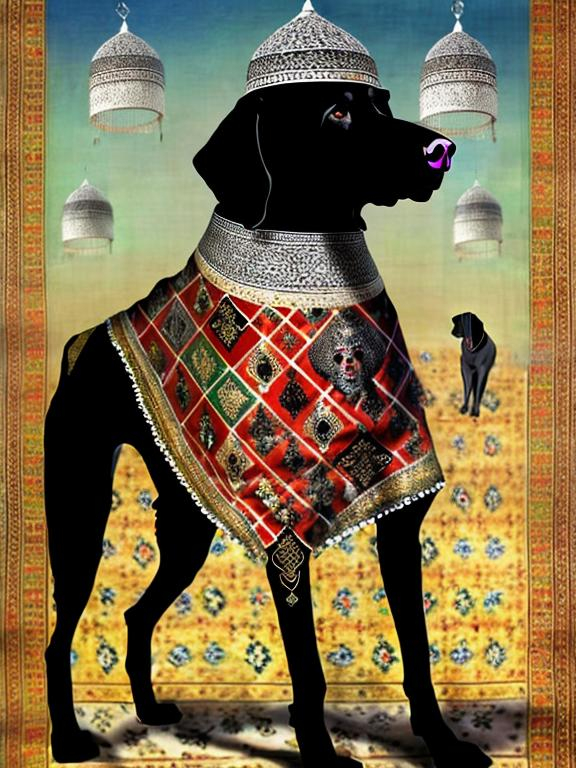 Prompt: black dog in persian clothing Dadaism style art