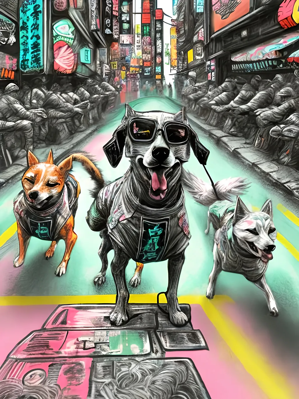 Prompt: pop art chalk pastel art of detailed dogs wearing gangster clothes playing in the streets in cyberpunk japan during a festival, sketch, detailed background, highres, fun atmosphere, natural lighting,  abstract, fun
