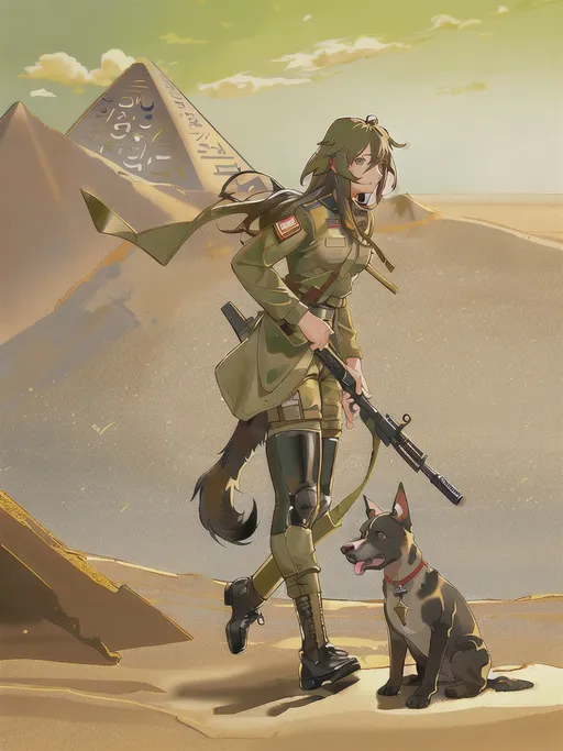 Prompt: black mountain cur dog in military gear in egypt