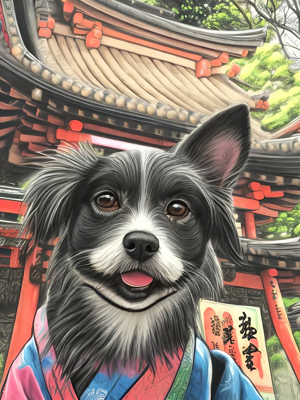 Prompt: pop art chalk pastel style of a  detailed dog in a kimono at a shrine, sketch, detailed background, highres, fun atmosphere, natural lighting,  abstract, fun