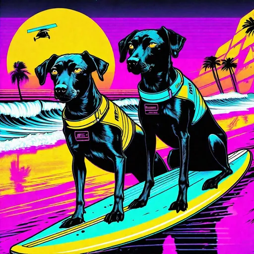 Prompt: mountain cur black dogs in cyberpunk surfing 90s poster