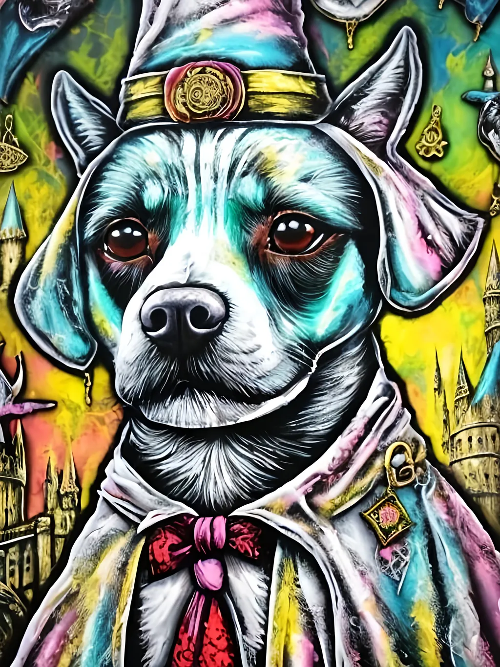 Prompt: pop art chalk pastel style art of detailed dog at hogwarts dressed in wizard robes, sketch, detailed background, highres, fun atmosphere, natural lighting,  abstract, fun