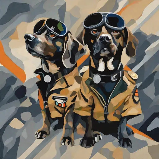 Prompt: mountain cur black dogs in pilot uniform abstract art