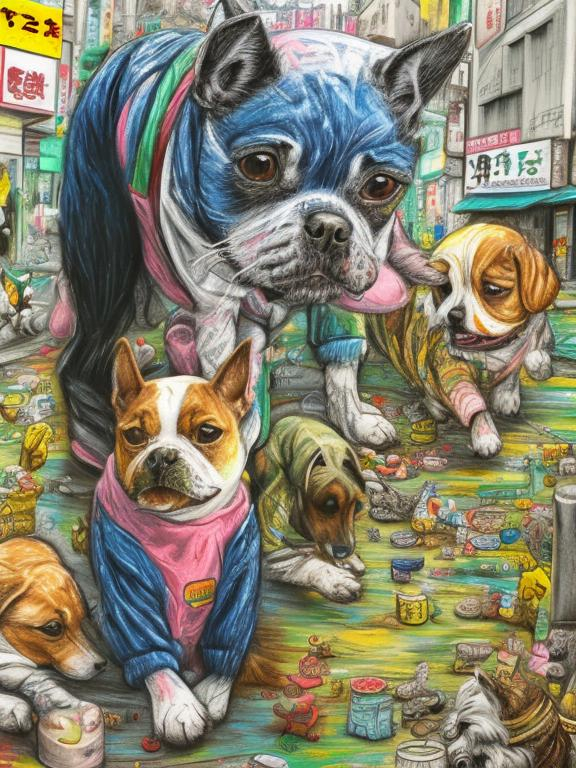 Prompt: pop art chalk pastel art of detailed dogs wearing clothes playing in the streets in japan during a festival, sketch, detailed background, highres, fun atmosphere, natural lighting,  abstract, fun